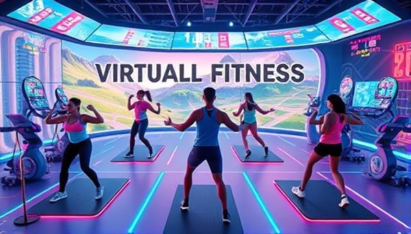 An illustration of players in a virtual fitness arena, engaging in dynamic workout challenges and activities, surrounded by futuristic exercise equipment and vibrant virtual landscapes, promoting a fun and active approach to fitness through gaming.