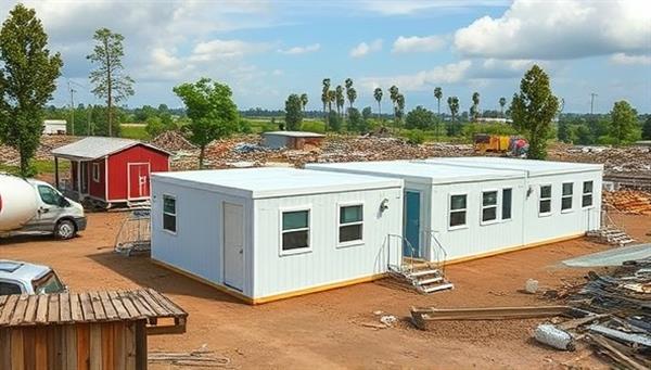 A visual representation of prefabricated disaster relief shelters being assembled and deployed in a disaster-affected area, showcasing the ease and speed of installation to provide immediate housing assistance to those in need.