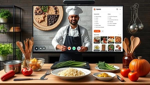 An appetizing visual representation of a virtual cooking class setup with a professional chef guiding participants through a recipe, displaying fresh ingredients, cooking utensils, and a digital recipe interface, creating an interactive and immersive culinary learning experience for cooking enthusiasts.