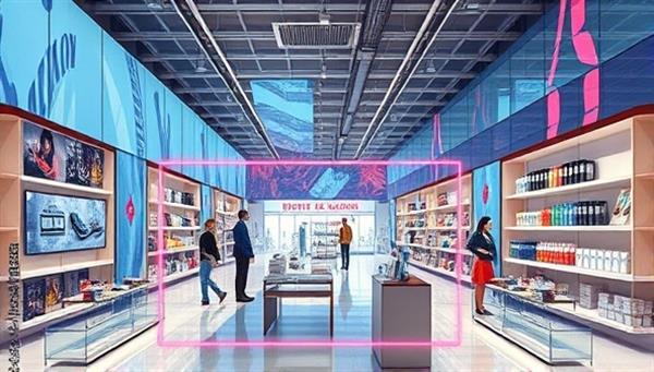 An imaginative visualization of a retail store transformed by AR signage, showcasing virtual product displays, interactive guides, and engaging animations that captivate customers and enhance the shopping experience, blending physical and digital elements seamlessly.