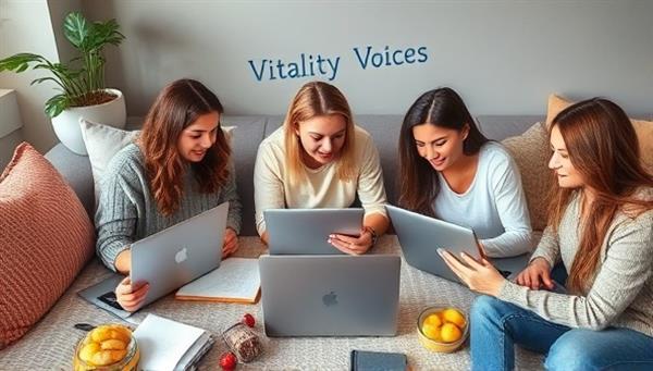An inspiring visual of a diverse group of health and wellness bloggers collaborating on creating content, with laptops open, notebooks, and healthy snacks scattered around, symbolizing creativity, teamwork, and a shared passion for holistic well-being within the Vitality Voices blogging platform.