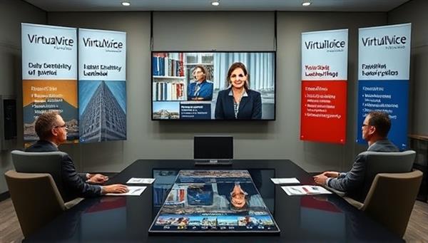A virtual meeting room setup with VirtualVoice Lobbyists team members engaging with government officials on a video call, presenting policy recommendations and industry data, with virtual banners displaying client logos and advocacy messages, symbolizing influence and professional lobbying expertise.