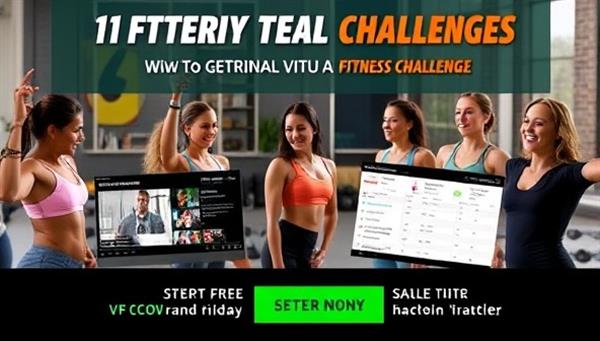 A dynamic and energetic promotional image showcasing users participating in a virtual fitness challenge on the FitFusion Challenge platform, with workout videos, nutrition tips, and progress trackers displayed on the screen, exuding motivation and energy.