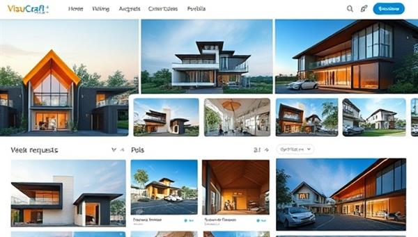 A digital platform interface showcasing a diverse range of architectural visualization projects, with stunning visuals and interactive features for browsing portfolios and posting job requests, illustrating the creative and collaborative nature of VisuCraft Connect