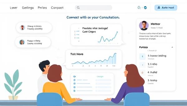An interactive marketplace interface showcasing users connecting with financial mentors for personalized consultations, with chat bubbles, financial charts, and mentor profiles displayed, illustrating peer-to-peer financial consulting in a digital setting.