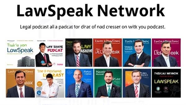 An engaging graphic featuring a collection of podcast cover art designs representing various legal podcast shows within the LawSpeak Network, showcasing the diversity of topics and hosts available for listeners, conveying professionalism and expertise in legal insights and discussions.