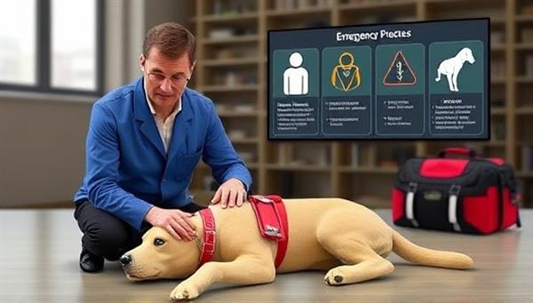 An online pet first aid course scene showing a virtual instructor demonstrating CPR on a pet mannequin, with graphics illustrating emergency procedures and a pet first aid kit in the background, emphasizing preparedness and education.