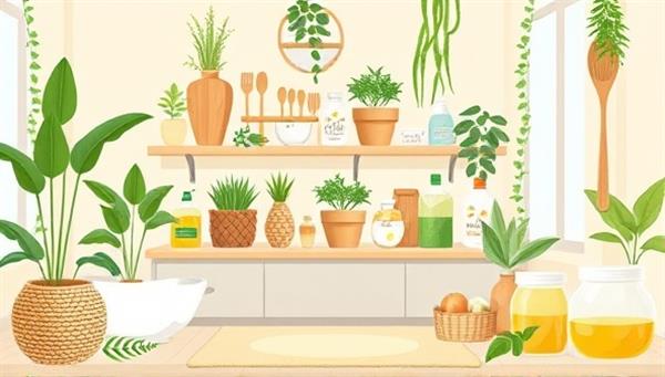 An aesthetically pleasing digital illustration of a sustainable home environment filled with eco-friendly products such as bamboo utensils, natural cleaning supplies, and reusable containers, creating a harmonious and green living space that embodies the essence of GreenHaven Online Shop