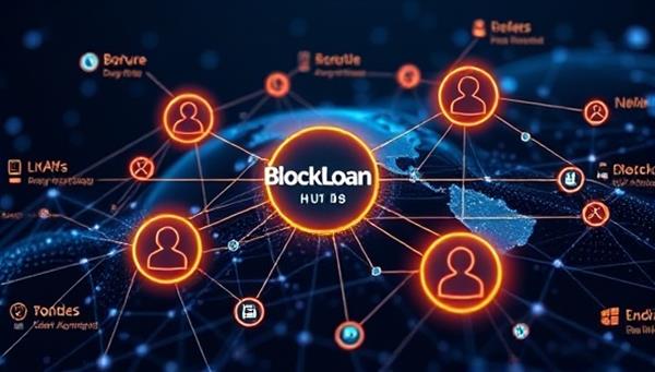 An innovative visualization of blockchain technology connecting borrowers and lenders in a digital ecosystem on the BlockLoan Hub platform, featuring secure transaction nodes, decentralized lending pools, and transparent loan agreements, symbolizing the future of micro-lending through blockchain innovation.