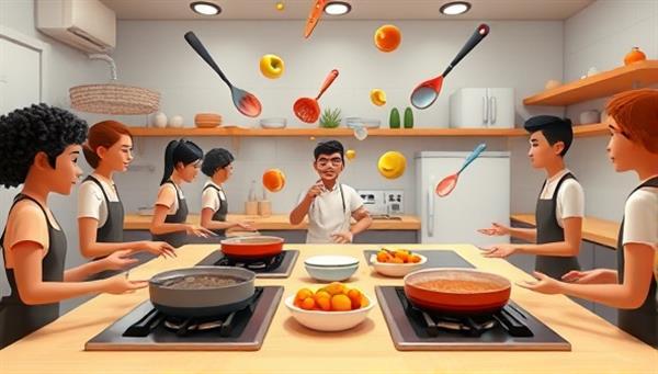 An animated kitchen setting with virtual stovetops, cooking utensils, and ingredients floating in the air, surrounded by avatars of participants engaged in a friendly cooking competition, highlighting the interactive and immersive nature of the online cooking platform.