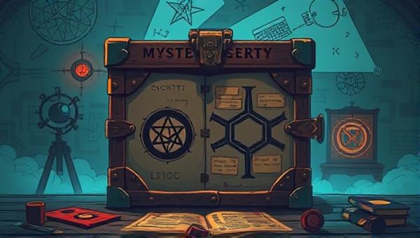 An intriguing and mysterious digital illustration of a closed mystery box with enigmatic symbols, cryptic clues, and a sense of suspense and anticipation, inviting viewers to unlock the secrets and embark on an exciting adventure.
