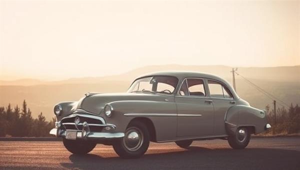 An atmospheric image of a beautifully restored vintage car parked in a scenic outdoor location, with soft natural lighting enhancing the classic lines and details of the vehicle, evoking a sense of timeless elegance and sophistication associated with RetroLens Rentals
