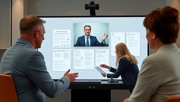 A virtual mediation session visual featuring a mediator facilitating a discussion between two parties on a screen, with a digital collaboration board for note-taking and visual aids, promoting a modern and efficient conflict resolution process.