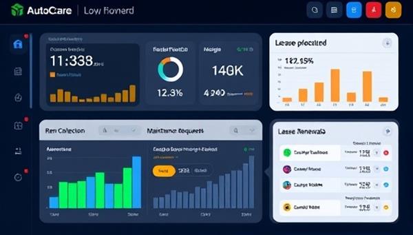 A dynamic digital dashboard displaying key rental property metrics and tasks being automated, with visuals of rent collection, maintenance requests, and lease renewals, conveying the efficiency and convenience of AutoRentCare for landlords and property managers.