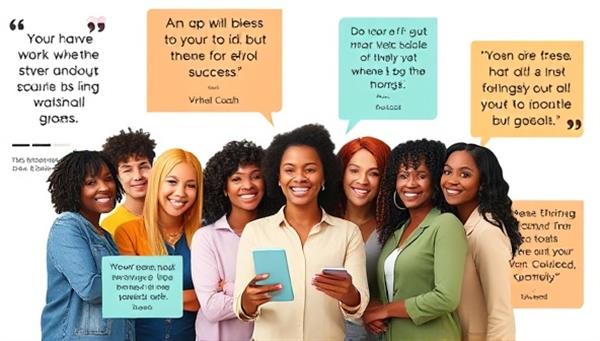 An inspiring visual of a diverse group of individuals receiving financial coaching from a virtual coach, surrounded by motivational quotes, financial goal trackers, and success stories, creating a sense of empowerment and financial growth.