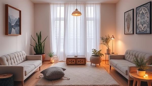 An evocative image of a serene therapy room with soft lighting, cozy furnishings, and symbolic elements like crystals and plants, conveying a sense of tranquility and healing energy for virtual therapy sessions.