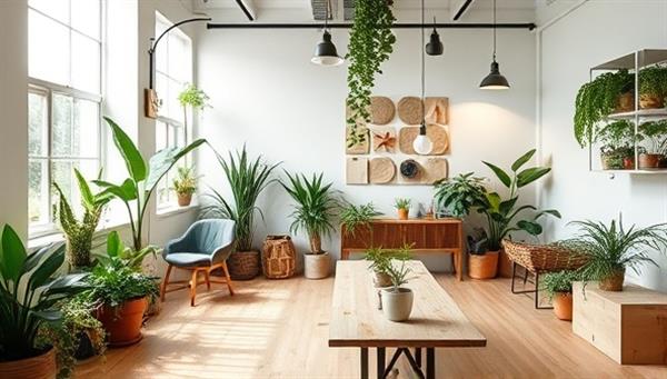 一家融入植物、再生纸、节能照明等自然元素的环保网页设计工作室，展示了一个简约且可持续的工作空间，体现了该机构的理念