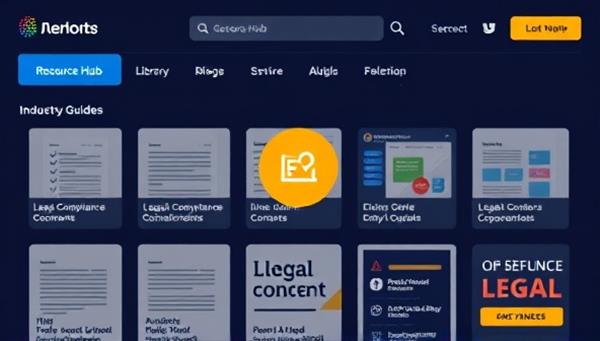 A digital resource hub interface featuring a library of legal compliance documents, industry guides, and interactive tools for businesses to navigate regulatory requirements, ensuring legal protection and peace of mind.
