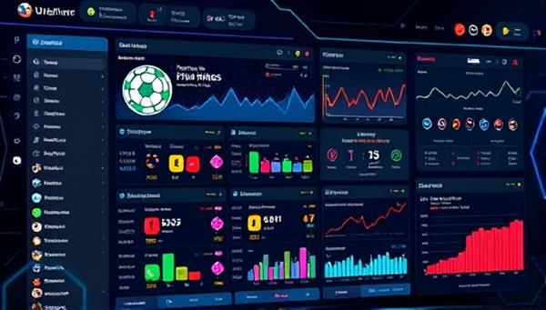 A futuristic interface displaying real-time sports data and betting suggestions, with colorful graphs and statistics, symbolizing advanced technology and sports analytics.