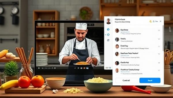 An enticing image of a virtual cooking class session, showcasing a chef demonstrating a recipe on-screen, with ingredients neatly arranged and a digital chatbox for participants to ask questions and interact, creating a dynamic and engaging culinary experience.