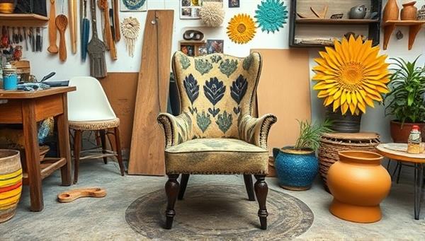 A workshop setting with tools and materials for furniture restoration, showcasing the transformation of a worn-out chair into a stylish and modern piece, surrounded by vibrant upcycled decor items, illustrating creativity and sustainability in home design.