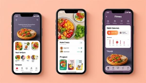 An engaging app interface mockup showing personalized meal recommendations, nutritional insights, and progress tracking, with vibrant food images and fitness icons to convey health and vitality.