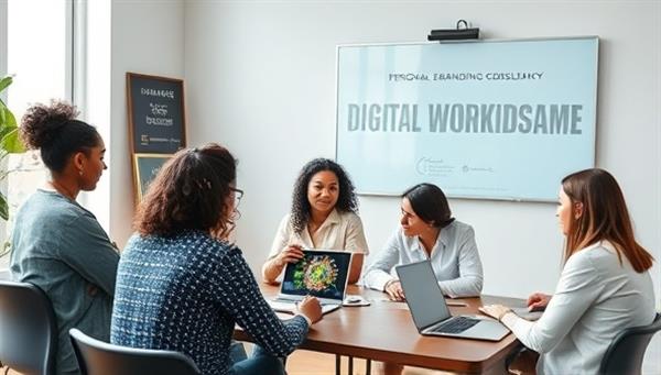 A digital branding workshop setting with a diverse group of clients engaging in a strategy session, brainstorming ideas, and reviewing online profiles, symbolizing growth, transformation, and empowerment through personal branding consultancy.