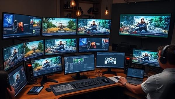 A visually engaging representation of a content creation studio, with multiple screens displaying gaming content in the editing process, creative tools and software open on a workstation, and a team of professionals collaborating on a project, highlighting the creative and dynamic nature of content creation for gaming.