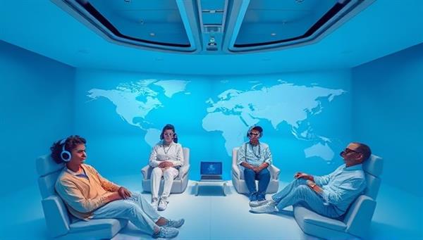 An immersive virtual reality simulation showing patients participating in clinical trials from diverse locations, highlighting the convenience and inclusivity of remote trial participation.