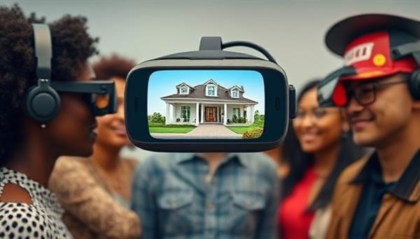 An engaging virtual reality headset displaying a lifelike property tour, with a diverse group of individuals experiencing the immersive technology, highlighting the convenience and innovation of VirtualEstate Tours.