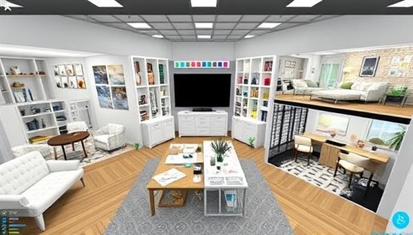 A digital visualization of a virtual interior design studio with a variety of furniture pieces, color swatches, and design tools, surrounded by virtual room mock-ups showcasing different design styles and layout options, highlighting the creativity and customization available within DreamSpace VR Interiors.