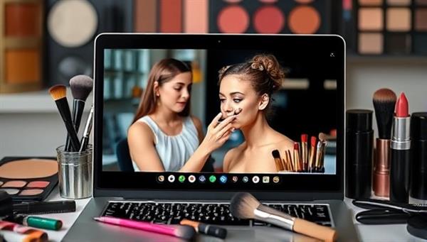 A laptop screen displaying a virtual makeup workshop in progress, with a makeup artist demonstrating techniques on a model, surrounded by a colorful array of makeup products and brushes, creating an immersive and educational beauty experience.