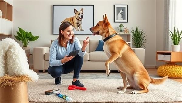 An image of a virtual pet training session featuring a professional trainer demonstrating positive reinforcement techniques with a well-behaved pet, interactive training tools, and pet-friendly props in a home environment, showcasing the effective and engaging nature of virtual pet consultations.