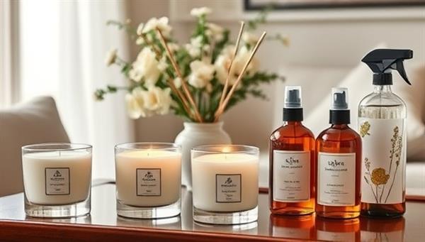 An elegant home setting with artisanal home fragrance products like soy wax candles in decorative jars, essential oil diffusers emitting a soothing scent, and room sprays with botanical illustrations, creating a harmonious and inviting ambiance.
