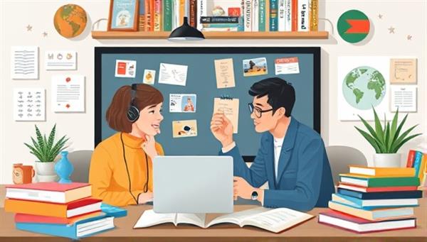 An artistic representation of a virtual language coaching session, featuring a coach and a client engaging in a language practice exercise through a digital interface, surrounded by language books and cultural symbols, fostering a dynamic and immersive learning environment.