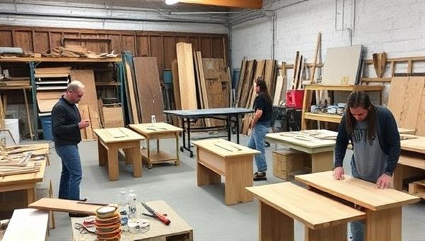 A workshop setting with participants transforming discarded construction materials into upcycled furniture pieces, with tools, paint cans, and creative projects in progress, showcasing the hands-on and environmentally friendly aspects of the workshops.