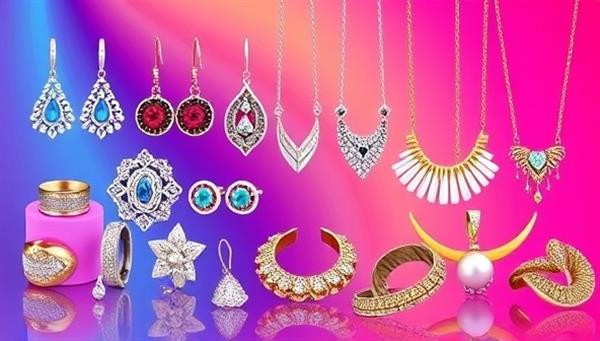 An artistic rendering showing a diverse range of 3D printed jewelry pieces, from intricate earrings to bold statement necklaces, displayed against a vibrant backdrop, highlighting the modern and customizable nature of the business.
