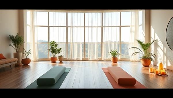 A serene virtual retreat setting with yoga mats, fitness equipment, and calming decor elements, inviting participants to immerse themselves in a holistic wellness journey filled with movement, mindfulness, and rejuvenation, creating a peaceful and transformative experience.