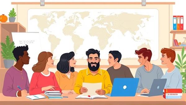 An illustration of a diverse group of people engaging in an online language lesson, with virtual classroom elements like a whiteboard, language textbooks, and a world map in the background, showcasing a dynamic and interactive learning environment.