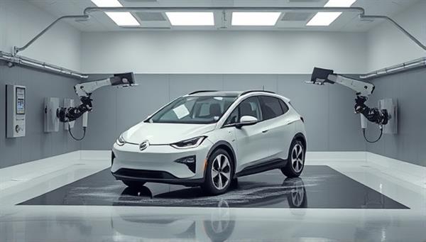 An autonomous vehicle parked in a sleek, futuristic garage, with robotic arms extending to clean its exterior, surrounded by a high-tech cleaning station, illustrating the cutting-edge technology of the service.