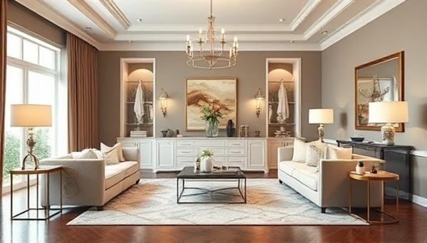 An elegant and stylish room rendering showcasing a virtual interior design concept created by DesignVibe, featuring cohesive color schemes, furniture arrangements, and decor elements that reflect the client