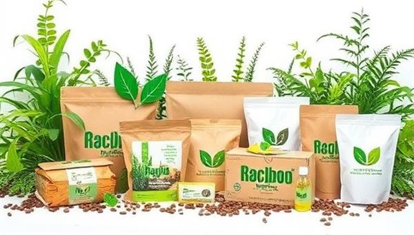 An assortment of biodegradable packaging materials displayed in a natural setting, surrounded by vibrant greenery and eco-friendly branding to emphasize the sustainability aspect of the business.