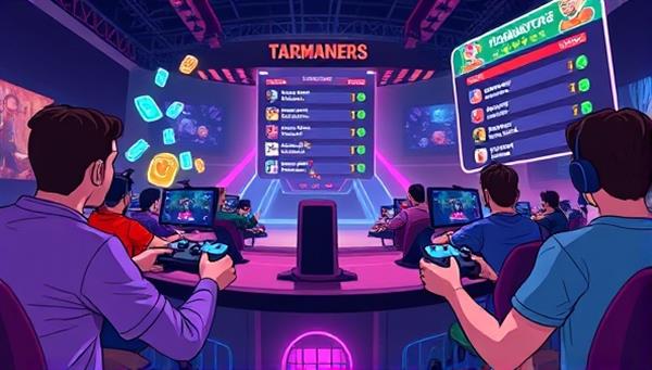 An animated scene depicting gamers competing in a virtual arena with game controllers in hand, colorful game elements floating around, and a leaderboard displaying rankings, illustrating the competitive and engaging nature of SkillShowdown as a skill-based tournament platform.