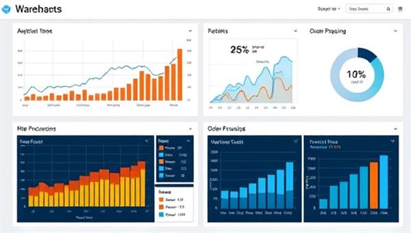 A digital dashboard displaying key performance metrics for a warehouse operation, with graphs, charts, and real-time data visualizations showing inventory trends, order processing efficiency, and performance benchmarks, illustrating the analytical power and insights provided by DataTrack Insights.