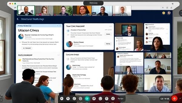 An online workshop scene showing a diverse group of participants engaged in a virtual civic education session, with interactive polls, quizzes, and discussions displayed on the screen, illustrating an immersive and inclusive learning environment.