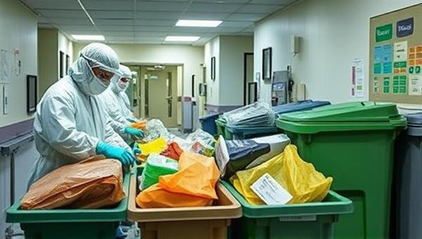 An eco-conscious medical waste disposal team sorting and handling waste bins at a hospital facility, wearing specialized protective gear and using sustainable disposal methods, such as recycling and waste segregation, to showcase the environmentally friendly practices and commitment of GreenMed Solutions in promoting green healthcare waste management services.