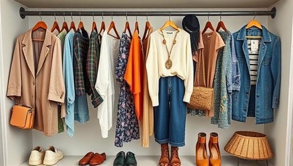 A collection of stylish and eco-friendly fashion items displayed on a virtual closet, featuring trendy clothing pieces, accessories, and shoes with sustainable tags and labels, promoting a fashionable and eco-conscious lifestyle.