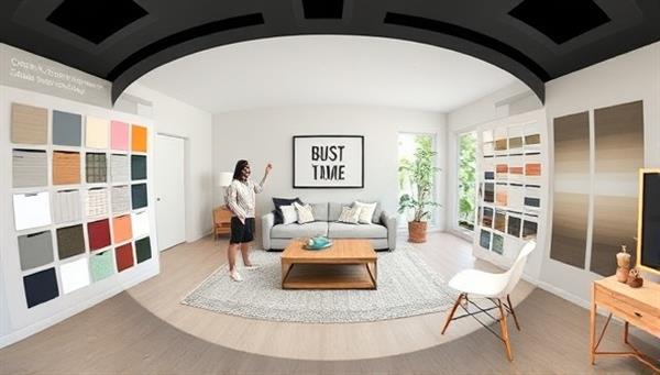 An immersive VR environment showcasing a user customizing a piece of furniture in a virtual living room setting, surrounded by a variety of design options and color swatches, illustrating the interactive and engaging nature of the customization platform.