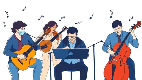 An inspiring and collaborative image of musicians from different backgrounds working together on a virtual music project, with each artist contributing their unique skills and creativity to produce a harmonious and dynamic composition, symbolizing unity and artistic synergy.