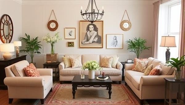 An inviting image featuring a beautifully decorated living room with handmade decor pieces created from the DIY kits, showcasing the personalized touch and creative possibilities of the Craftopia Creations kits.